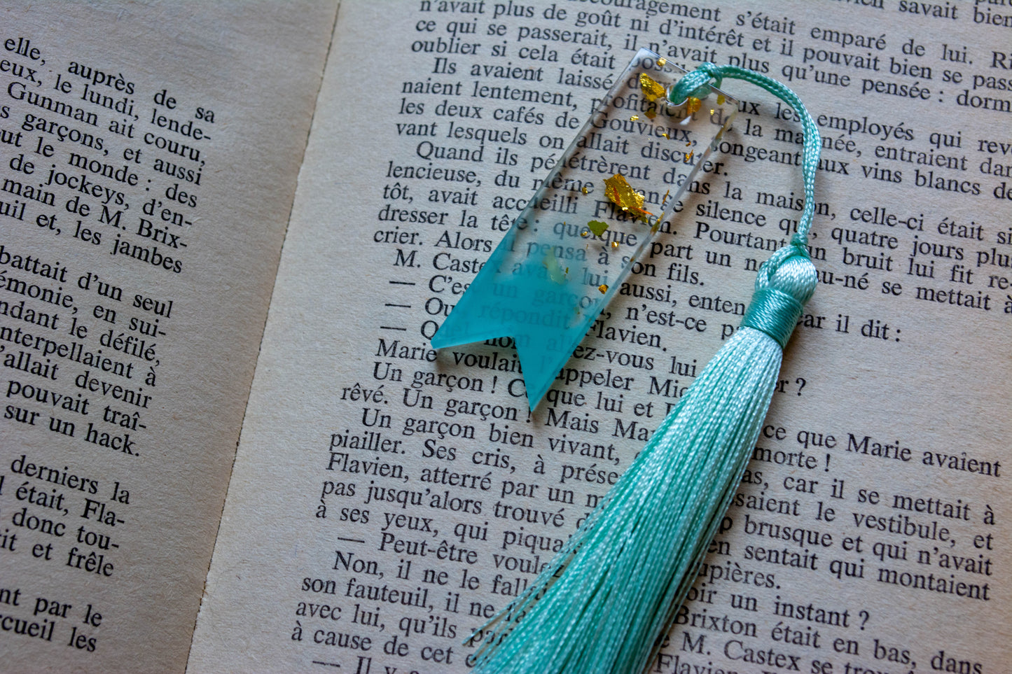 Mini Marque-page bleu - feuilles dorées