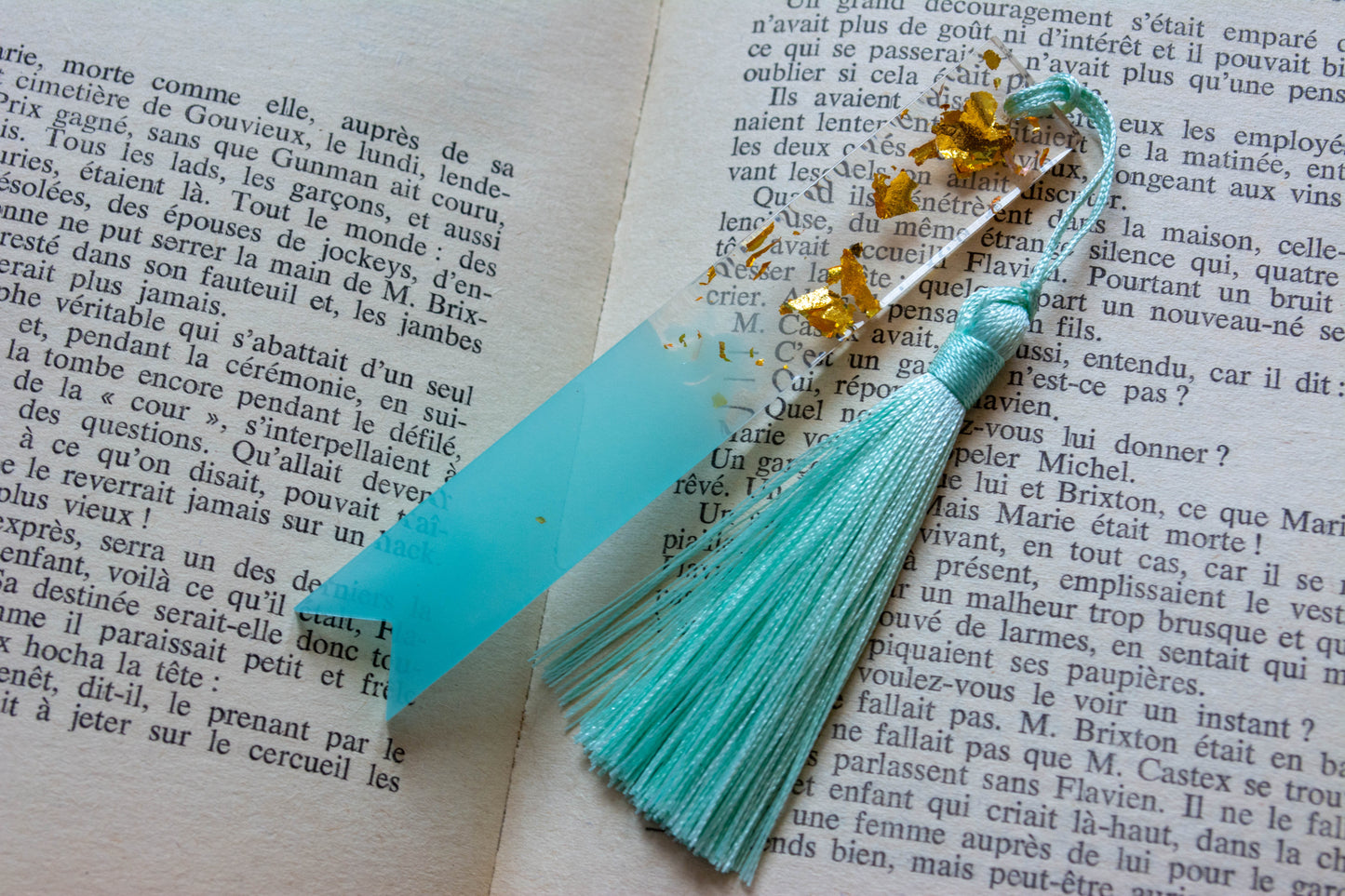 Petit Marque-page bleu - feuilles dorées