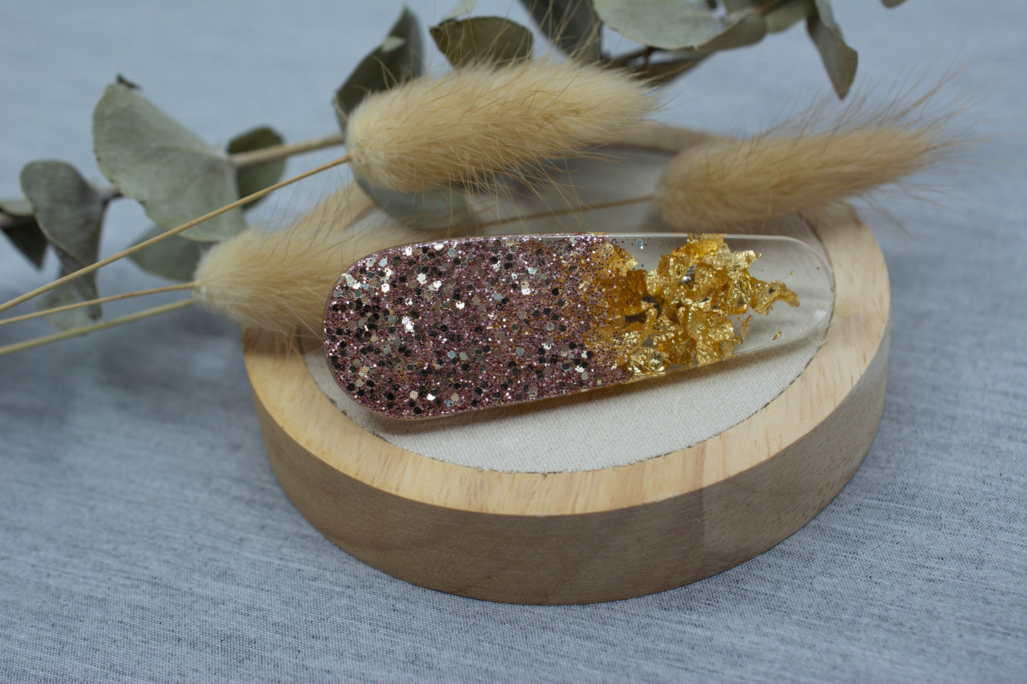 Barrette cheveux transparente - paillettes roses et argentées - feuilles d'or