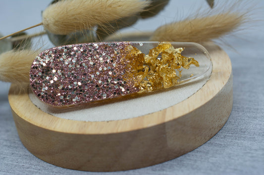 Barrette cheveux transparente - paillettes roses et argentées - feuilles d'or