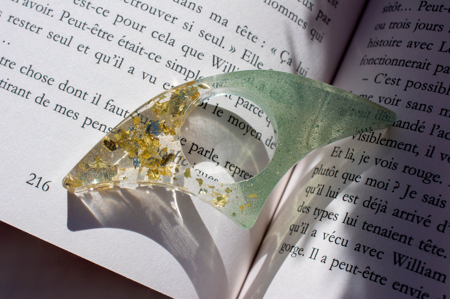 Bague de lecture verte - transparent - feuilles dorées