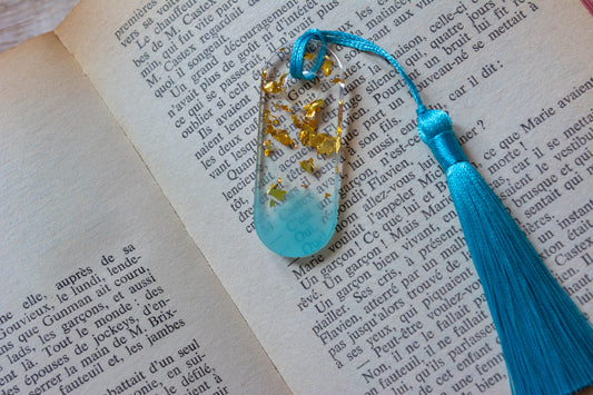 Mini Marque-page bleu - feuilles dorées