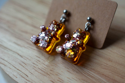 Boucles d'oreilles Oursons orange - Paillettes roses