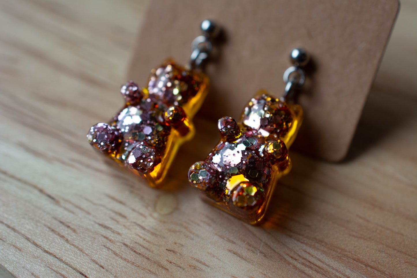 Boucles d'oreilles Oursons orange - Paillettes roses