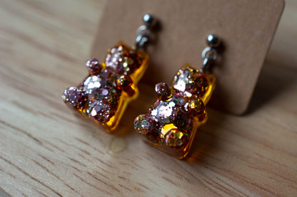 Boucles d'oreilles Oursons orange - Paillettes roses