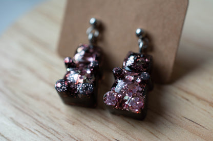 Boucles d'oreilles Oursons marrons - Paillettes roses