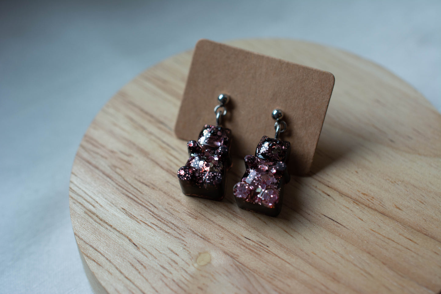 Boucles d'oreilles Oursons marrons - Paillettes roses